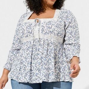 Torrid Babydoll Peasant Floral Lace Cottagecore Top Blouse Blue White 4